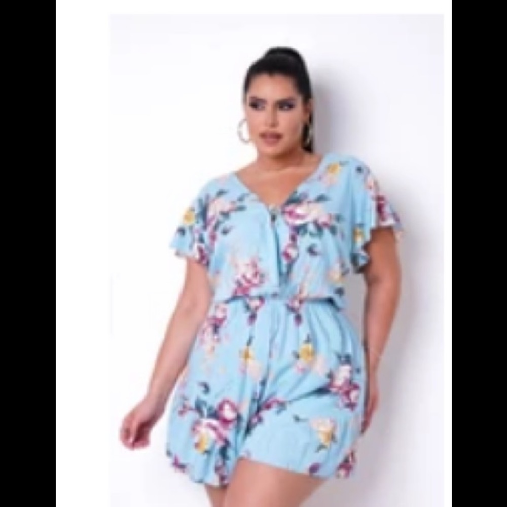 Plus Size Floral Blue Romper